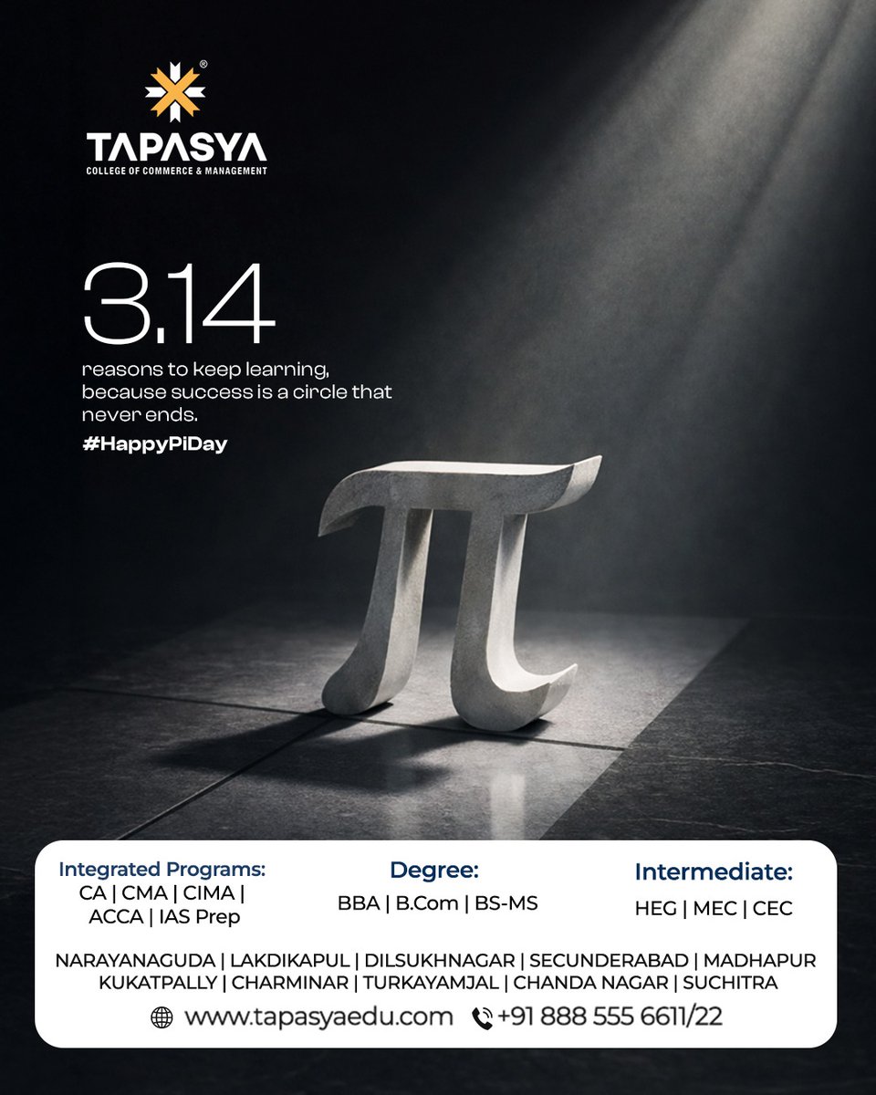Tapasyaedu's tweet photo. On this Pi Day, Tapasya College of Commerce &amp; Management wishes every student infinite curiosity, limitless growth, and achievements that never round off.

Happy Pi Day!

#PiDay #TapasyaCollege #StudentSuccess #InfiniteLearning https://t.co/smNKkJADgl
