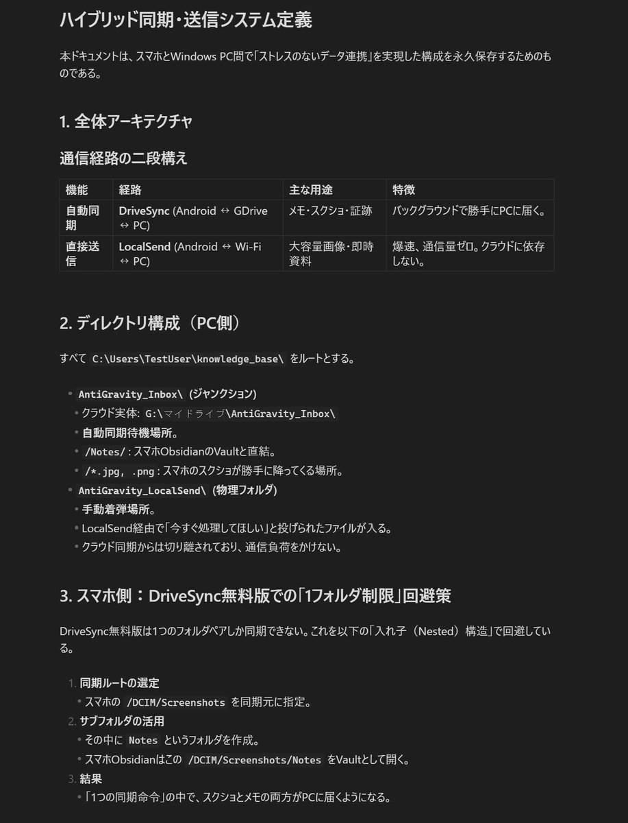 labyrinthos's tweet photo. Google Drive と Windowsのジャンクション機能を使って、スマホで撮ったスクショをPCのObsideanに自動同期するシステムができそうなのでやってくださいAI #AntiGravity #DriveSync #LocalSend

たぶん下のスクショをAntiGravityに見せたら、やり方教えてくれる https://t.co/YU0MB4csWX