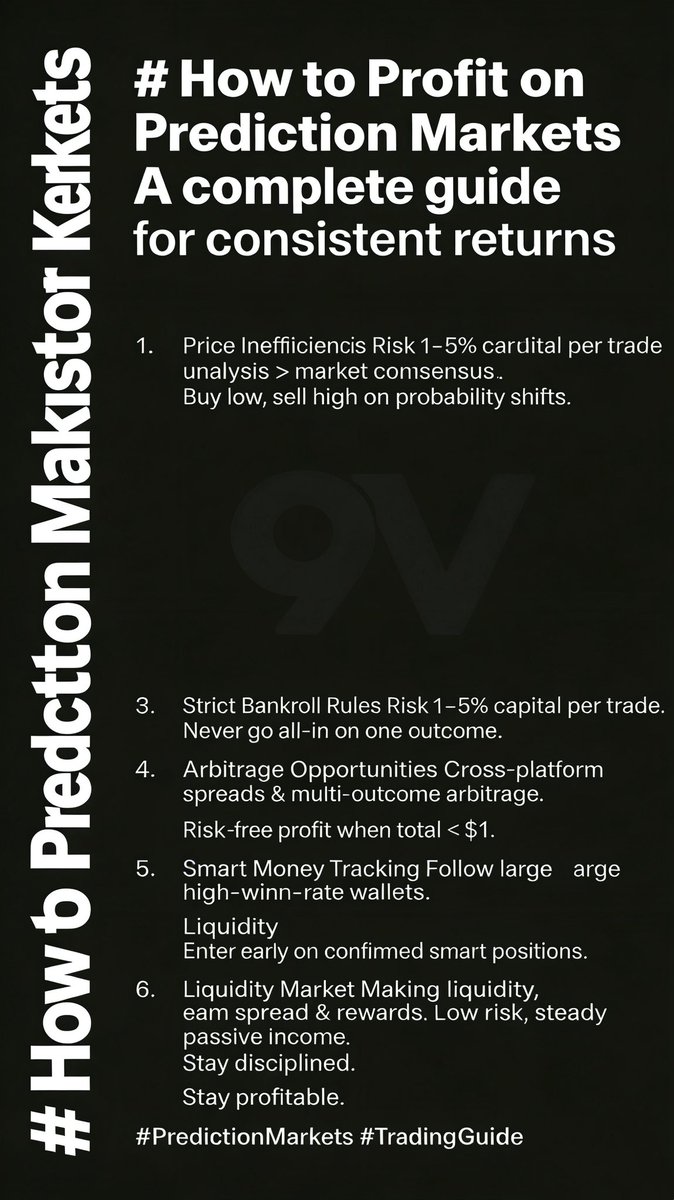 9vCom94371's tweet image. How to profit on prediction markets:

1. Trade mispriced odds, not guesses

2. Take profits early, don’t wait for settlement

3. Risk 1–5% per position

4. Follow smart money, not hype
Edge = consistency, not luck.
#PredictionMarkets #9V