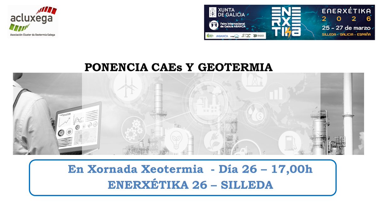 Ahí estamos en ENERXÉTIKA:

Ponencia #CAEs y #geotermia en la #Jornada de <a href="/Acluxega/">Acluxega</a> . Presentada por Esperanza Puig Sandoval, #técnica de <a href="/ENERTRA/">Enertra</a> .