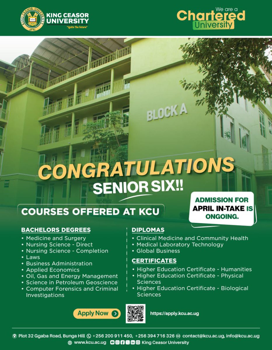 Have you just received your S6 results, look no further.

Your vacancy awaits you at a prestigious chartered university in the heart of Kampala 

Apply now || apply.kcu.ac.ug||

#IgniteTheFuture