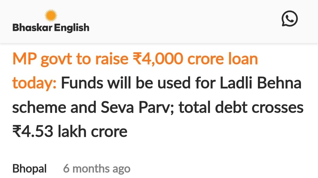 YTKDIndia's tweet photo. 🚨 Madhya Pradesh Govt has taken another loan of ₹5,800 crore from the market.

This is the 19th borrowing in a single year. The state’s total debt has now crossed ₹4.5 lakh crore.

Serious Question: if the government is constantly borrowing thousands of crores, where is the visible development?

Instead of strengthening infrastructure, healthcare, education, or jobs, huge public money is being spent on FREEBIES. 

Loans today mean taxes tomorrow. Ultimately, it is the common citizen who will repay this growing mountain of debt.

Should a state keep borrowing endlessly just to sustain Freebie Politics?

CM Mohan Yadav must explain how this debt is helping long-term development in Madhya Pradesh.