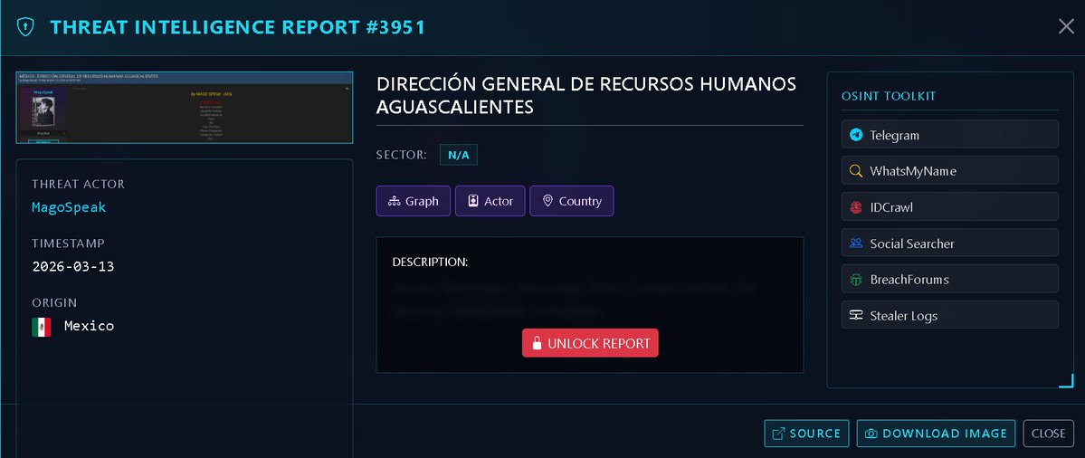 🚨 CRITICAL ALERT: Data Breach Targeting Government Human Resources (Aguascalientes, Mexico) 🚨

⚠️ Victim: General Directorate of Human Resources, Aguascalientes 🏛️
 👤 Threat Actor: MagoSpeak - DAN 
 📅 Date: March 13, 2026 🗓️ 
🌐 Country: Mexico 🇲🇽

A significant data leak has