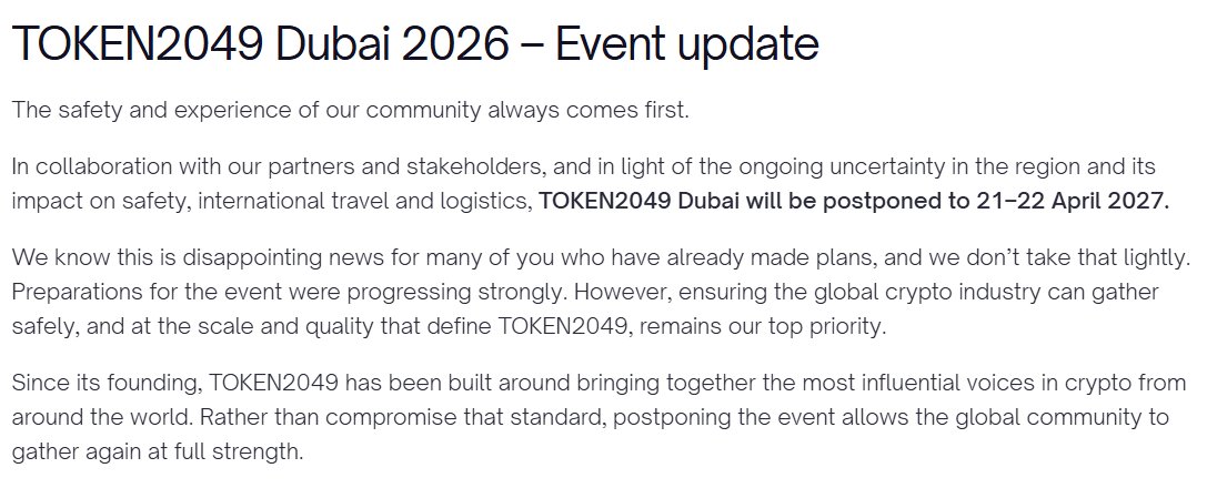 The_NewsCrypto's tweet image. 🚨 The Dubai TOKEN2049 summit, originally set for April 29–30, 2026, has been postponed to April 21–22, 2027, following regional security concerns after Iranian drone and missile activity in Dubai.

#TOKEN2049 #Dubai #CryptoEvent #CryptoNews