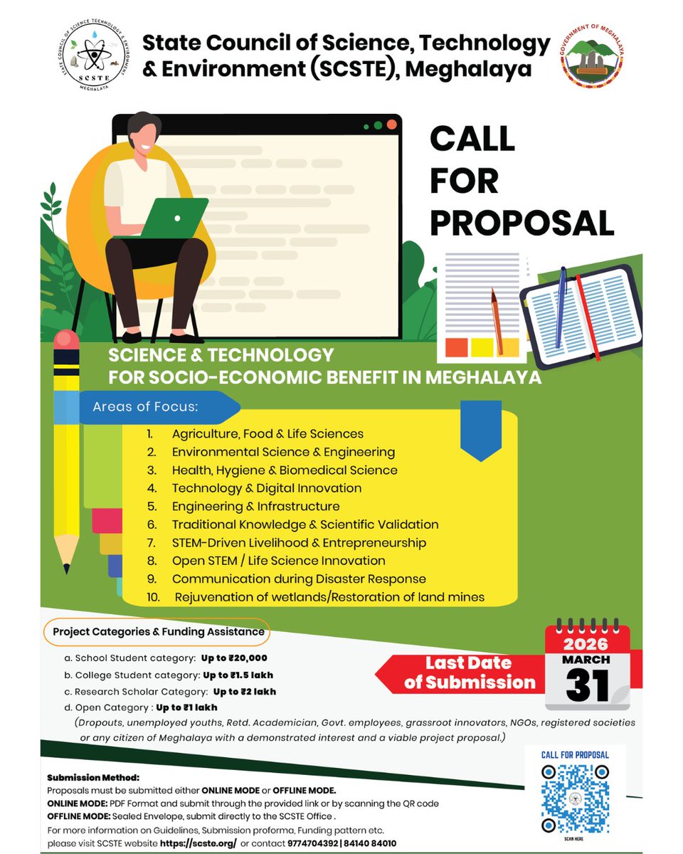 scstemeghalaya's tweet photo. Date Extended to 31st March 2026. SCSTE, Meghalaya invites proposals for short-term (6-month) science-based projects under Science &amp; Technology for Socio-Economic Benefit in Meghalaya. 🔗 For detailed visit our website https://t.co/9aSh9yoZyO | #NSDviksitbharat2047 https://t.co/eGPBkgLiFG
