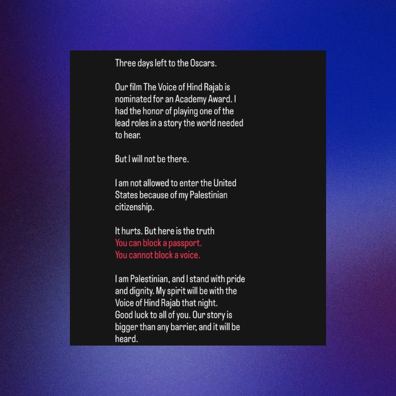 ‘The Voice of Hind Rajab’ star Motaz Malhees says he cannot enter the U.S. for the #Oscars this Sunday because of his Palestinian citizenship:

“It hurts. But here is the truth. You can block a passport. You cannot block a voice.”