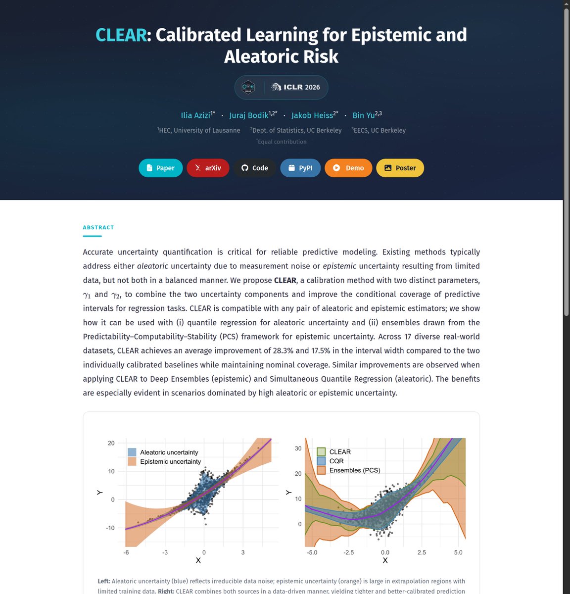 ICLR 2026! 🎉

Our paper "CLEAR: Calibrated Learning for Epistemic and Aleatoric Risk", accepted <a href="/iclr_conf/">ICLR 2026</a>.

Where does prediction uncertainty come from? Aleatoric (measurement noise) or epistemic (limited data)? Most methods only address one. CLEAR addresses both.

(1/4)