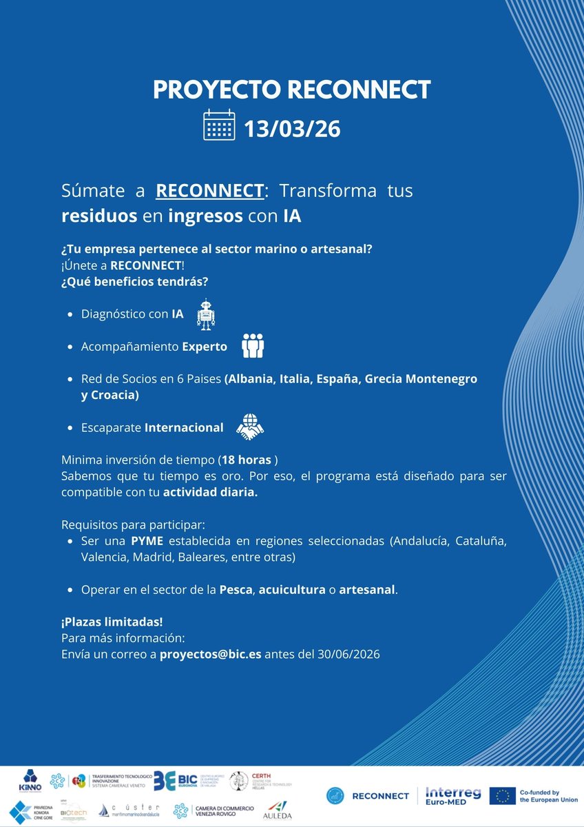 BicEuronova's tweet photo. 🤔¿Tu empresa pertenece al sector marino o artesanal?🌊¡Esto te interesa!

¿Sabías que puedes transformar tus residuos en una nueva fuente de ingresos? En @RECONNECT_MED  te ayudamos a conseguirlo.

¡INSCRÍBETE! 📌https://t.co/m7zoAg7mAZ
➡️https://t.co/nkebY793l0 
#INTERREG https://t.co/IafZ5g1c2z