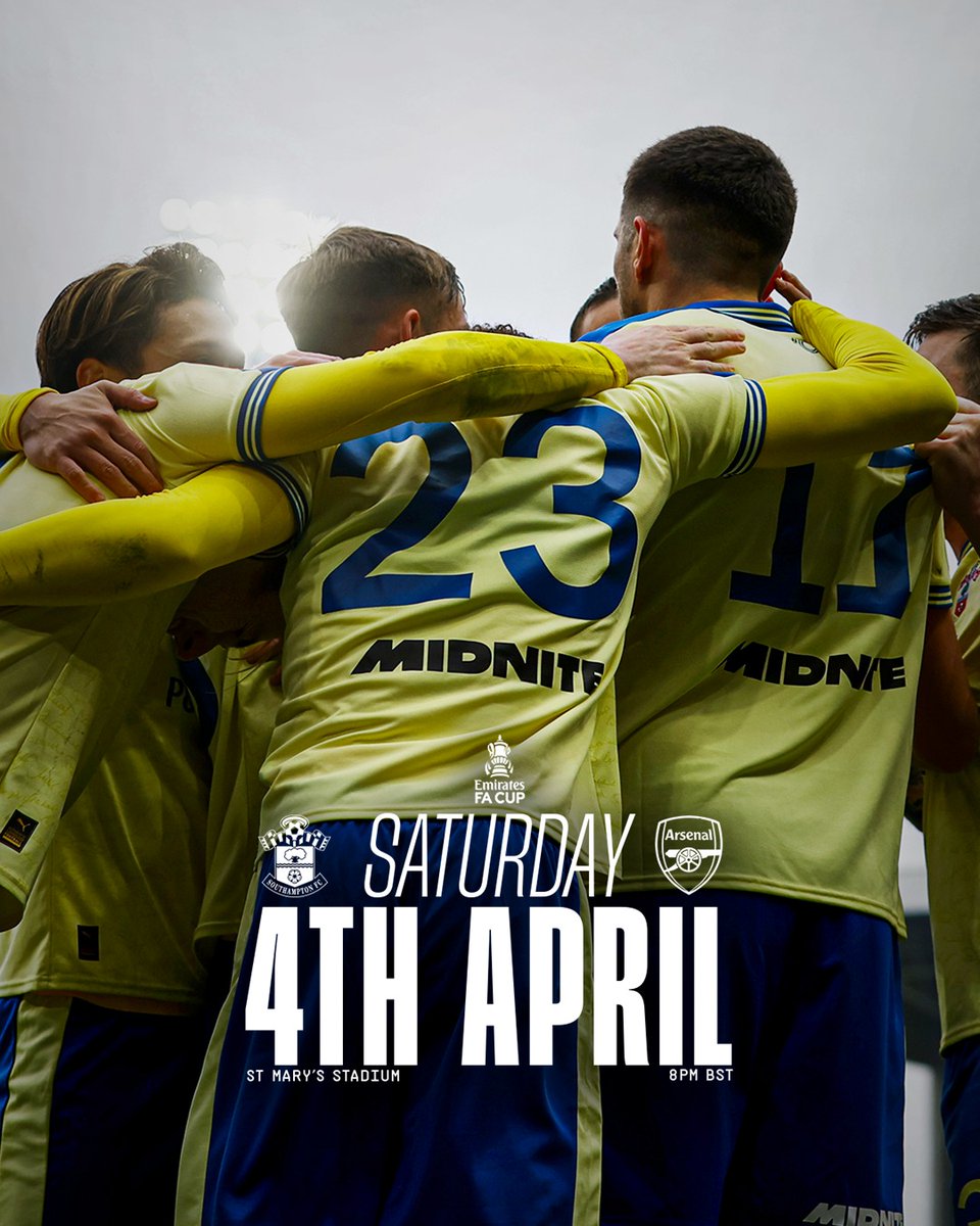 SouthamptonFC's tweet photo. 📆 Sat 4th April, 8pm BST

Our @EmiratesFACup quarter-final date with Arsenal has been set 🏆