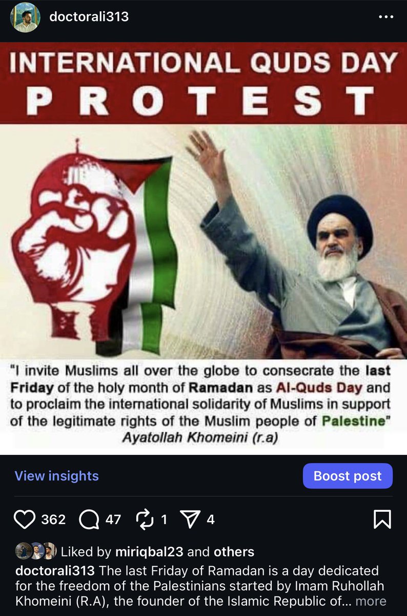 DoctorAli313's tweet photo. International #Quds Day, established by Imam Khomeini and observed on the last Friday of Ramadan, we are called to stand in solidarity with the people of Palestine and to affirm our stance against oppression and tyranny. 
May Allah hasten the reappearance of His Proof on earth. https://t.co/QezXlAzsPN