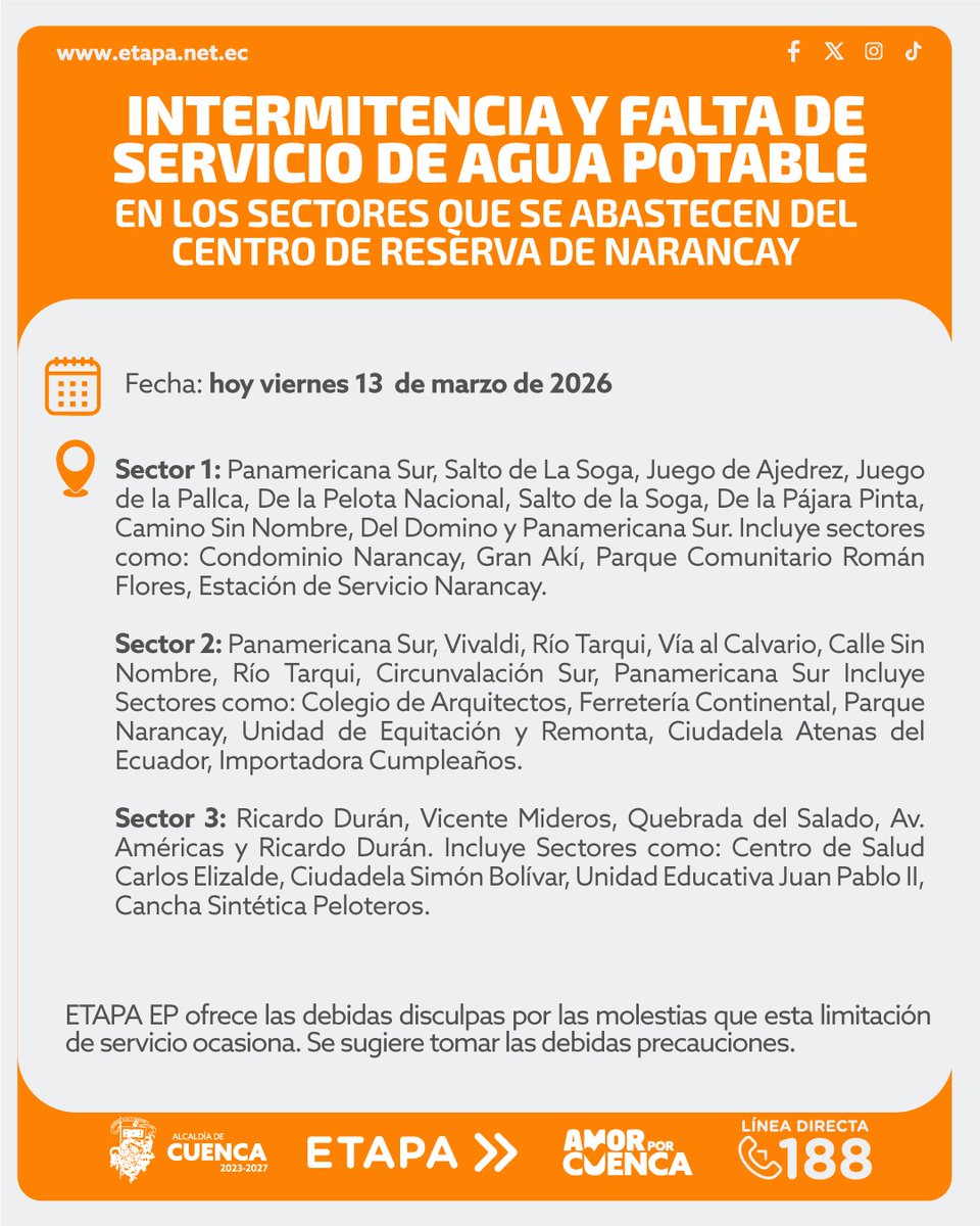 ETAPAOficial's tweet photo. 🚱 ATENCIÓN 

☔ Por las lluvias de las últimas horas se presentará intermitencia y falta de agua potable en los siguientes sectores:

📌 Narancay
📌 San José de San Joaquín 

Estos sectores son abastecidos por la planta de Sustag, afectada por la crecida del río Yanuncay.

Se pide a la ciudadanía realizar el consumo de agua en lo estrictamente necesario. 💧
@czamoramatute 
@MunicipioCuenca