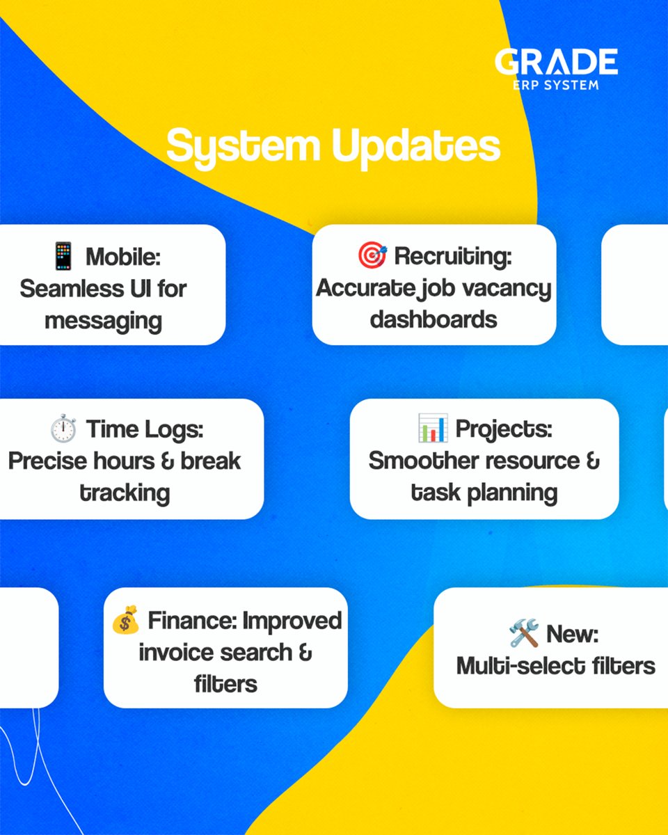 Grade ERP: Fresh Updates 🚀

📊 Projects: Smoother resource planning.
⏱️ Time: Exact hours &amp; break tracking.
💰 Finance: Faster invoice search.
🎯 HR: Accurate job dashboards.
📱 Mobile: Refined UI on all devices.
🛠 New: Multi-select report filters.