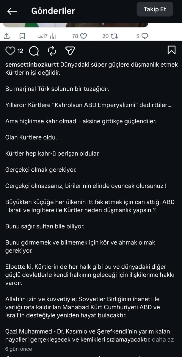 YTU KURDÎ'nin takip ettiği 2 şahıstan birinin 6 gün önceki paylaşımına bakın

"Allah'ın izin ve kuvvetiyle; ABD ve İsrail'in desteğiyle, bir Kürt Cumhuriyeti" kuracaklarmış🤣

Anca Suriye'deki gibi Amerika'nın mayın eşekliğini yapmakla kalırsınız.