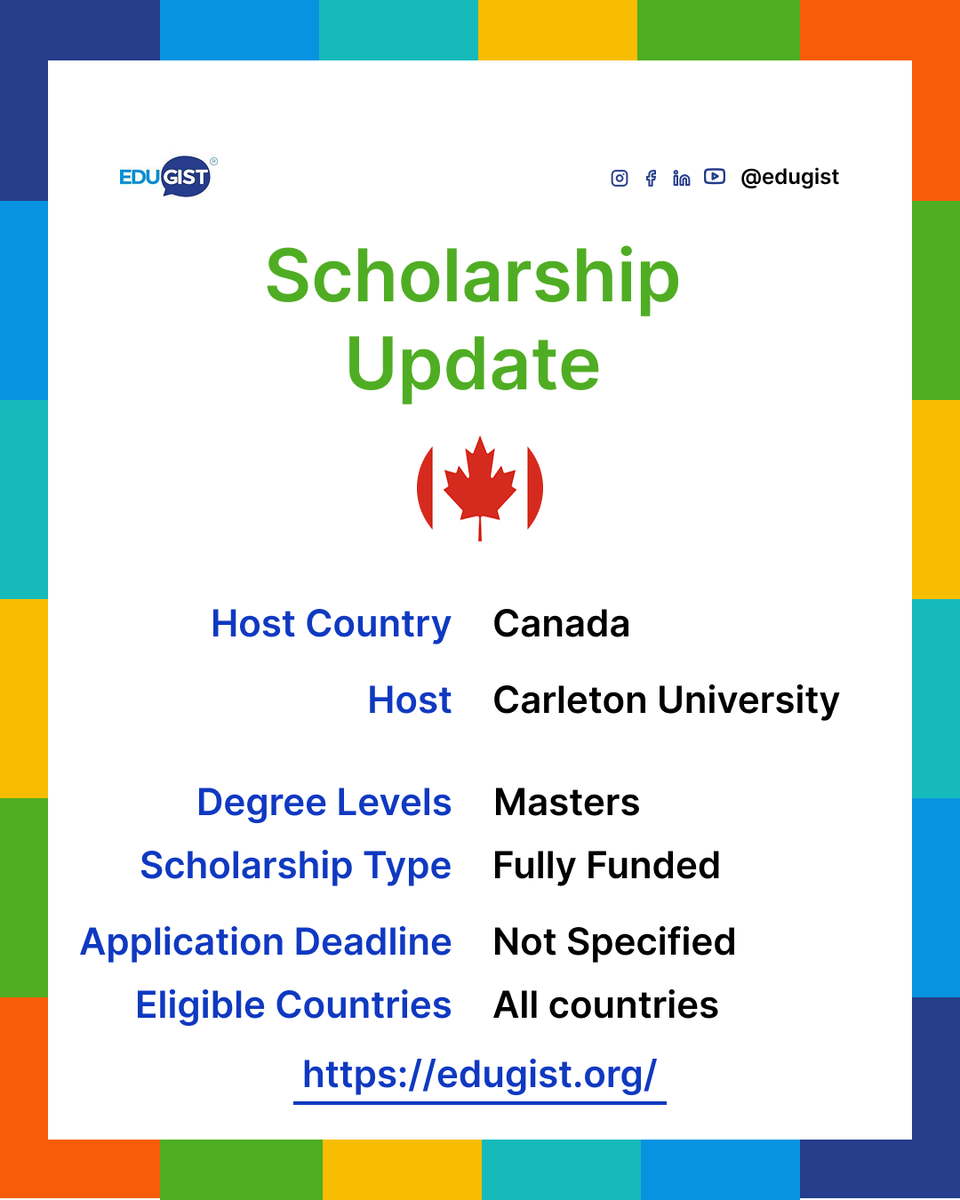 Edugist's tweet image. 🎓 Carleton University Graduate Scholarship 2026 (Fully Funded MSc &amp;amp; PhD in Canada)

🔗 Read full details &amp;amp; apply:
 edugist.org/carleton-unive…

⏰ Deadline: Not specified (Apply early)
#CarletonUniversity #StudyInCanada #FullyFundedScholarship #MastersScholarship #PhDScholarship