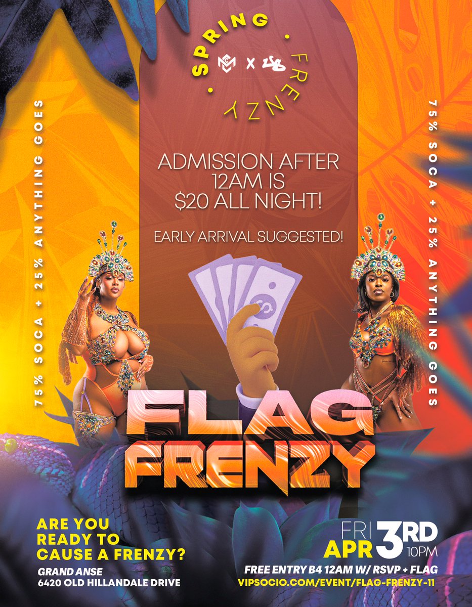 😎FLAG FRENZY😎

🗓️ Friday April 3rd 2026 
⏰ 10pm-3am 
📍 Grand Anse: 6420 Old Hillandale Drive 
 
👀 EVERYONE IS FREE BEFORE 12AM WITH RSVPS + FLAG! 
💵 ENTRY IS $20 AT THE DOOR AFTER 12 ALL NIGHT!
🎟️ RSVP: vipsocio.com/event/flag-fre…
(Link in my bio 📲)

#FlagFrenzy #Atlanta