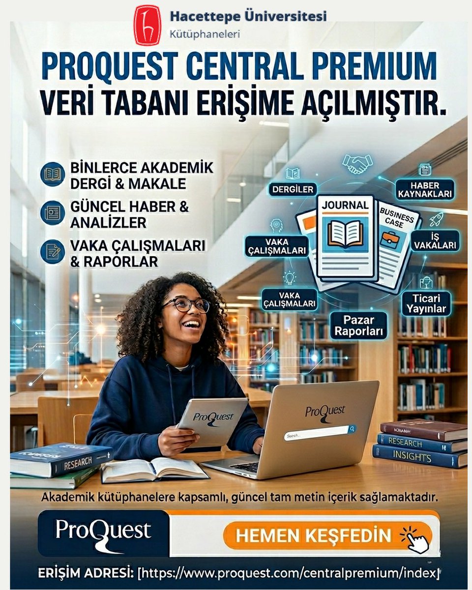 Değerli Kullanıcılarımız,
ProQuest Central Premium Veri Tabanı Erişime Açılmıştır.
Erişim adresi: proquest.com/centralpremium… 

#ProQuest #ProQuestCentral #VeriTabanı #AkademikKaynak #Kütüphane