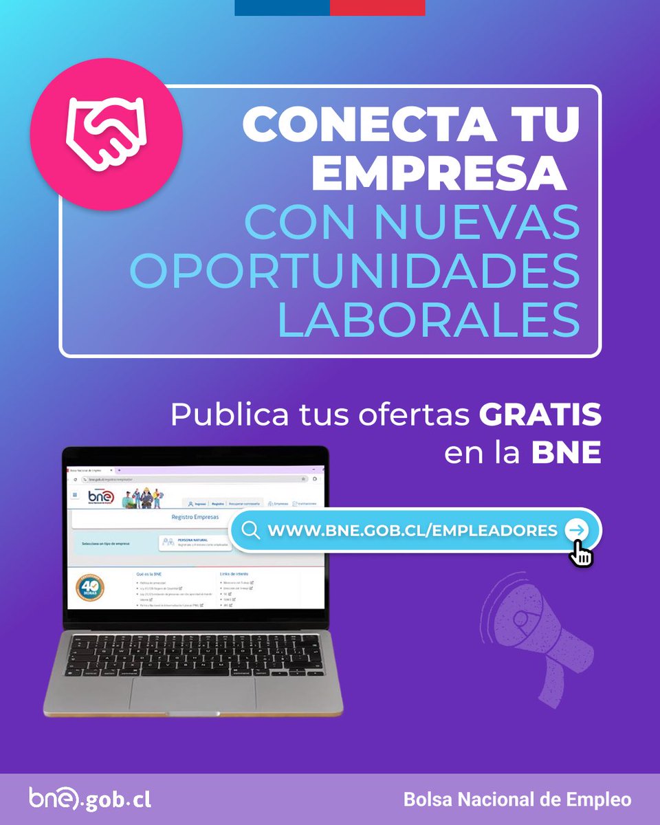 La BNE permite a las empresas publicar ofertas laborales en una plataforma pública, gratuita y confiable.

🤝 Conecta con personas de todo el país y encuentra el talento que tu empresa necesita.

📲 bne.gob.cl/empleadores