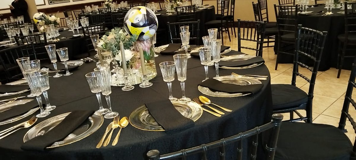 DithakgaD's tweet photo. Celebrating the Rele Mofokeng Foundation's Gala Dinner, where elegance met purpose. The decor, carefully crafted for 150 distinguished guests, featured a sophisticated black and gold colour scheme subtly accented with nude tones. Each table boasted a stunning centerpiece of fresh flowers in cylinder vases, highlighted by a striking protea flower and a soccer ball, symbolizing unity and passion.

This memorable event was brought to life by Dithakga Weddings and Events Decor, showcasing their expertise in creating unforgettable experiences.

#relemofokengfoundation
#galadinner
#eleganteventandweddingplanners
#dithakgaweddingsandeventsdecor