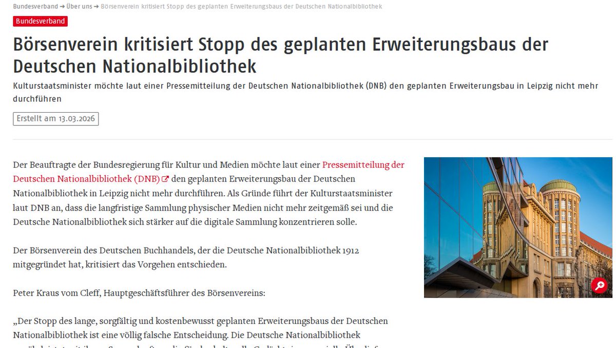 textkritik's tweet photo. Stellungnahme des Börsenvereins zum Stopp des Erweiterungsbau der DNB in Leipzig.

»Das gedruckte Buch ist ein Kulturgut und als beständige und langlebige Form der Wissensübermittlung unabdingbar.«

<https://t.co/DKngVZ1sm0> https://t.co/8J8ps966j1