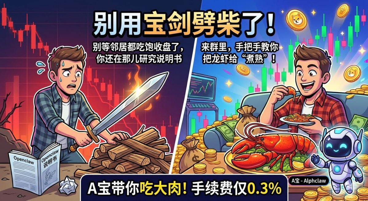 🎁抽100U，10人分。
要求关注金主 <a href="/alphai_snipe/">Alph AI</a> 
转发+评论+点赞本条推文
走我链接注册中奖率更高🥹

别再对着open claw的说明书流口水了，隔壁邻居金狗都吃饱收盘了！
这段时间很多朋友靠着 Alph龙虾的Skills，吃到了不少大肉。但我看很多朋友空有顶级工具却不会调，那真跟拿着屠龙刀去劈柴没区别。