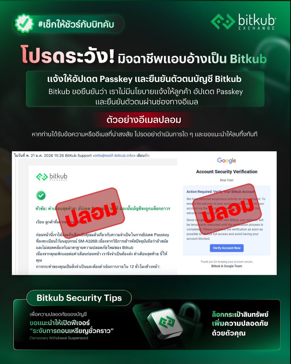 BitkubOfficial's tweet image. โปรดระวัง! มิจฉาชีพแอบอ้างเป็น Bitkub
.
Bitkub Bitkub ขอยืนยันว่า เราไม่มีนโยบายแจ้งให้ลูกค้า อัปเดต Passkey และยืนยันตัวตนผ่านช่องทางอีเมล
.
เพื่อความปลอดภัยของบัญชี ขอแนะนำให้ลูกค้าเปิดฟีเจอร์ "ระงับการถอนเหรียญชั่วคราว"
.
#Bitkub #BitkubExchange #เช็กให้ชัวร์กับบิทคับ