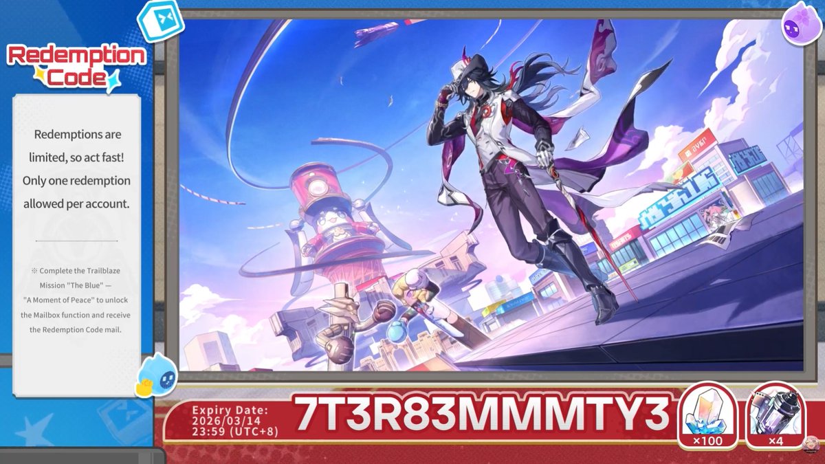 Códigos da live da 4.1 de Honkai: Star Rail:

- DBJ9RJLMLSZB
- CSJ882LL4BHF
- 7T3R83MMMTY3

🔗: hsr.hoyoverse.com/gift