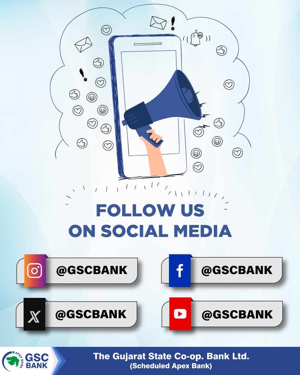 GSCBank's tweet image. Follow us on various social media platforms to get latest updates &amp;amp; attractive offers. Visit: gsc.bank.in/socialmedia/
#GSCB #digitalservices #FollowUs #like #Subscribe #bank #DigitalBanking #digitalpayment #facebook #Youtube #instagram #X