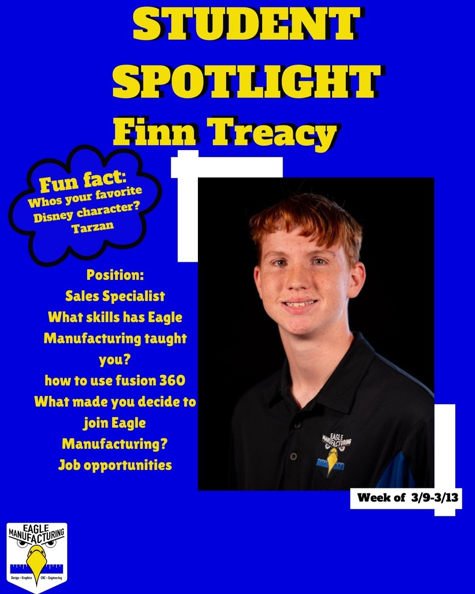 BCEagleMfg's tweet image. Student spotlight for the week is Finn Treacy!!
#studentrunbusiness #studentled #qulitydriven #workforceready #eaglemanufacturing
