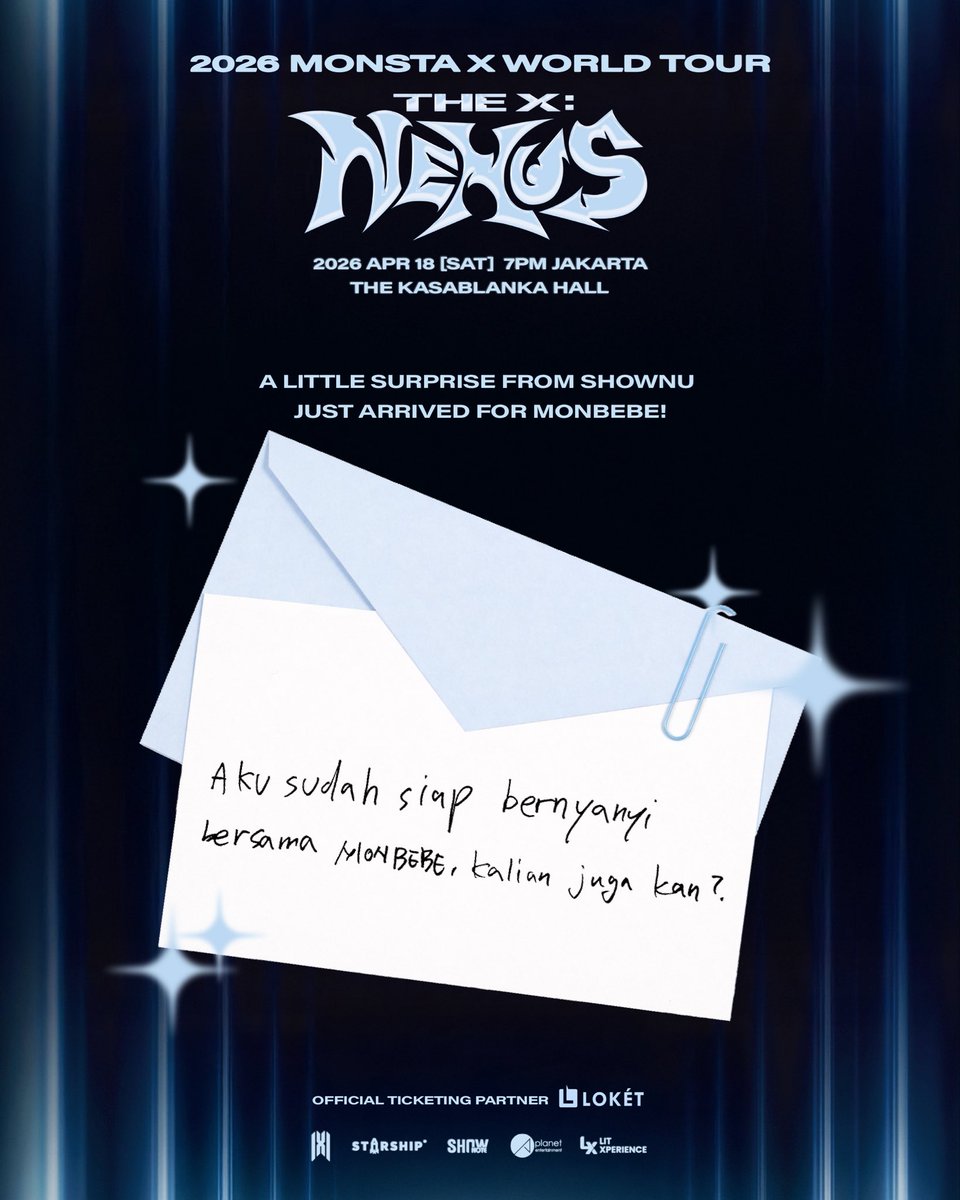 SHOWNU has a special note for you! Don’t miss the chance to see him live at the 2026 MONSTA X WORLD TOUR [THE X : NEXUS] IN JAKARTA!

Secure your tickets only at:
🎟️ LOKET.COM
🔗 monstaxjakarta2026.com 

<a href="/OfficialMONSTAX/">몬스타엑스_MONSTA X</a> 

#몬스타엑스 #MONSTAX #MONSTA_X