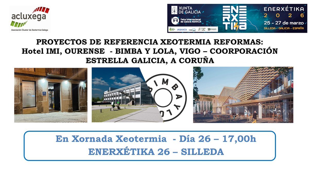 Ahí estamos en ENERXÉTIKA:

Ponencia Casos de Referencia con #geotermia en la #Jornada de <a href="/Acluxega/">Acluxega</a>.  Presentada x Alfredo Fernández Pérez.
INGEO Ingeniería Geotérmica - <a href="/Kasaka_Systems/">Kasaka_Waterkotte</a>  - <a href="/Obradoiro/">Obradoiro web 2.0</a> Enxeñeiros @SondeosChanqueiro Geotermia <a href="/MagaralIng/">MAGARAL INGENIERÍA</a>