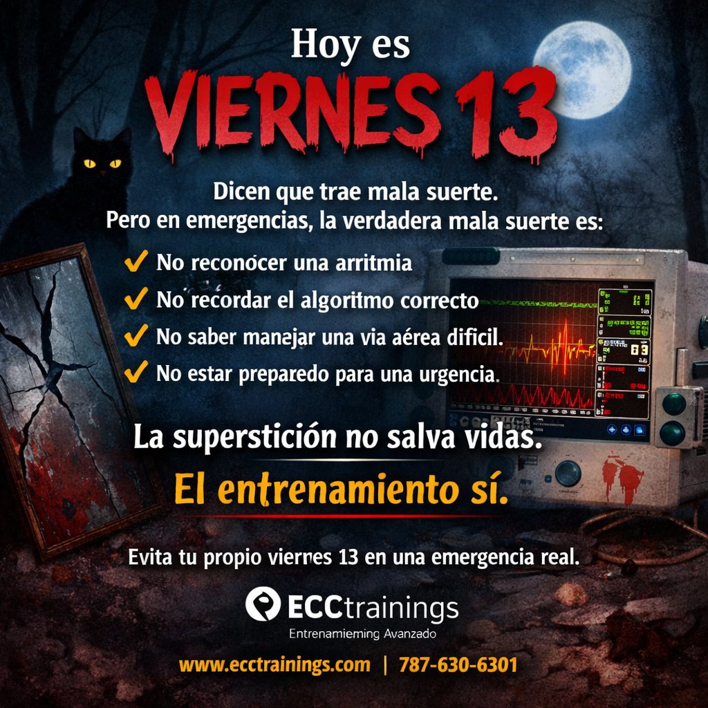 Hoy es viernes 13.
Pero en emergencias la verdadera mala suerte es:
• No reconocer una arritmia
• No recordar el algoritmo ACLS
• No saber manejar una vía aérea difícil
La superstición no salva vidas.
El entrenamiento sí.
ECCtrainings
ecctrainings.com
787-630-6301