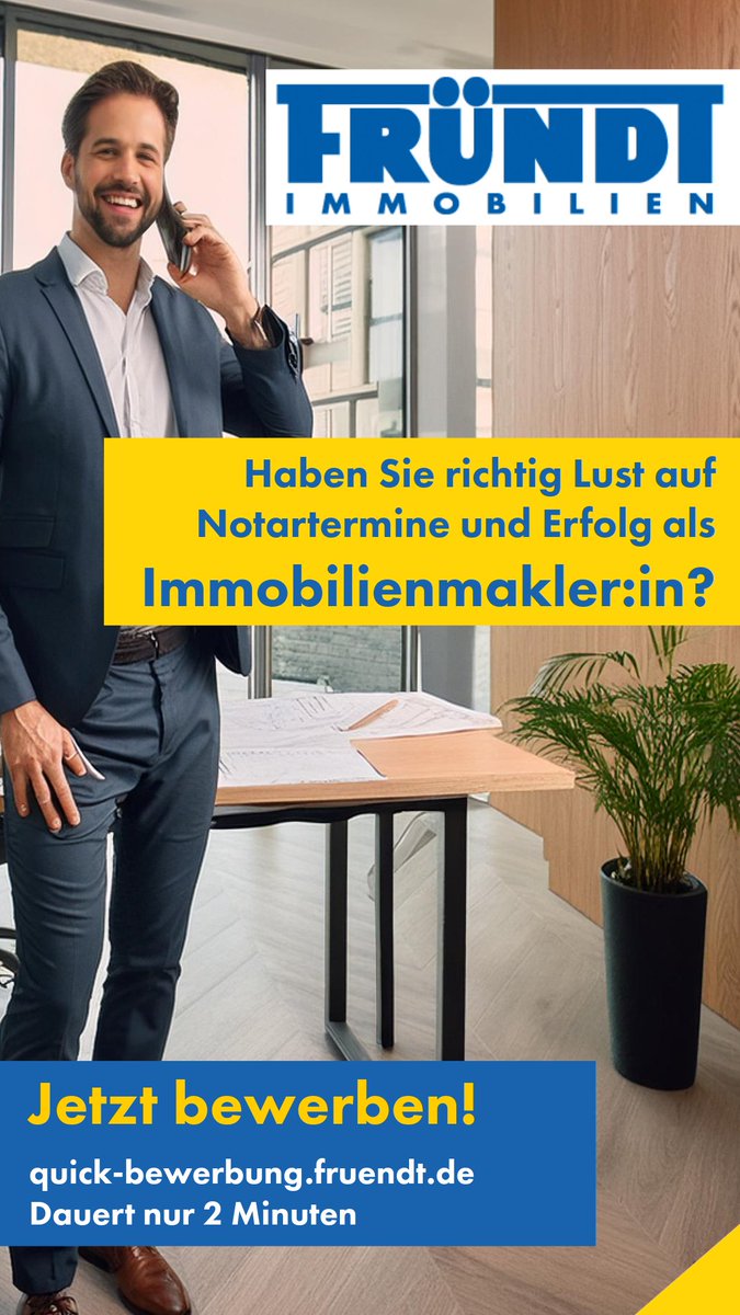 FRUENDTIMMO's tweet photo. Komm ins Fründt-Team!

Bereit, Deine Lust auf Notartermine in einem kleinen Maklerteam auszuleben? Dann finde Deine neue berufliche Heimat bei uns. Bewirb Dich gleich, es dauert nur 2 Minuten und hebe Deine Karriere auf den nächsten Level!

#Immobilienmakler #Karriere #Erfolg https://t.co/4yD1Pmg7Cf