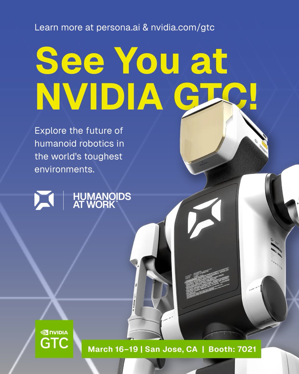 personaaiinc's tweet photo. See you at NVIDIA GTC.
Persona AI will be in San Jose sharing how humanoid robotics are moving from concept to real-world work.
Booth 7021
March 16–19
#PersonaAI #HumanoidsAtWork #NVIDIAGTC https://t.co/PdYELQTtww