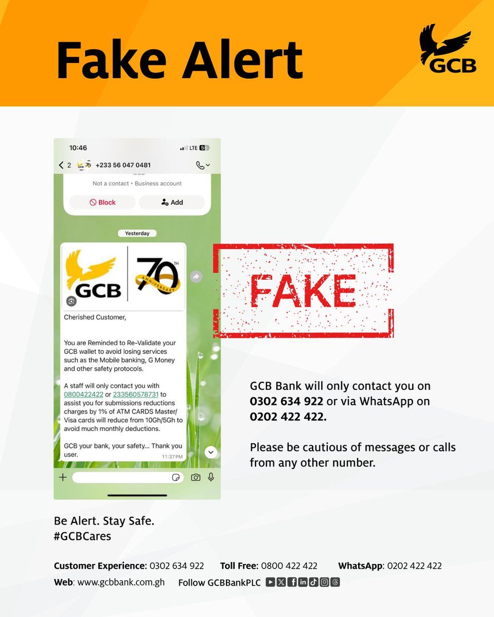 GCBBankPLC's tweet image. For your immediate attention, please.

#StaySafe #StayAlert #Scammers #Fraudsters #GCBCares #YourBank4Life