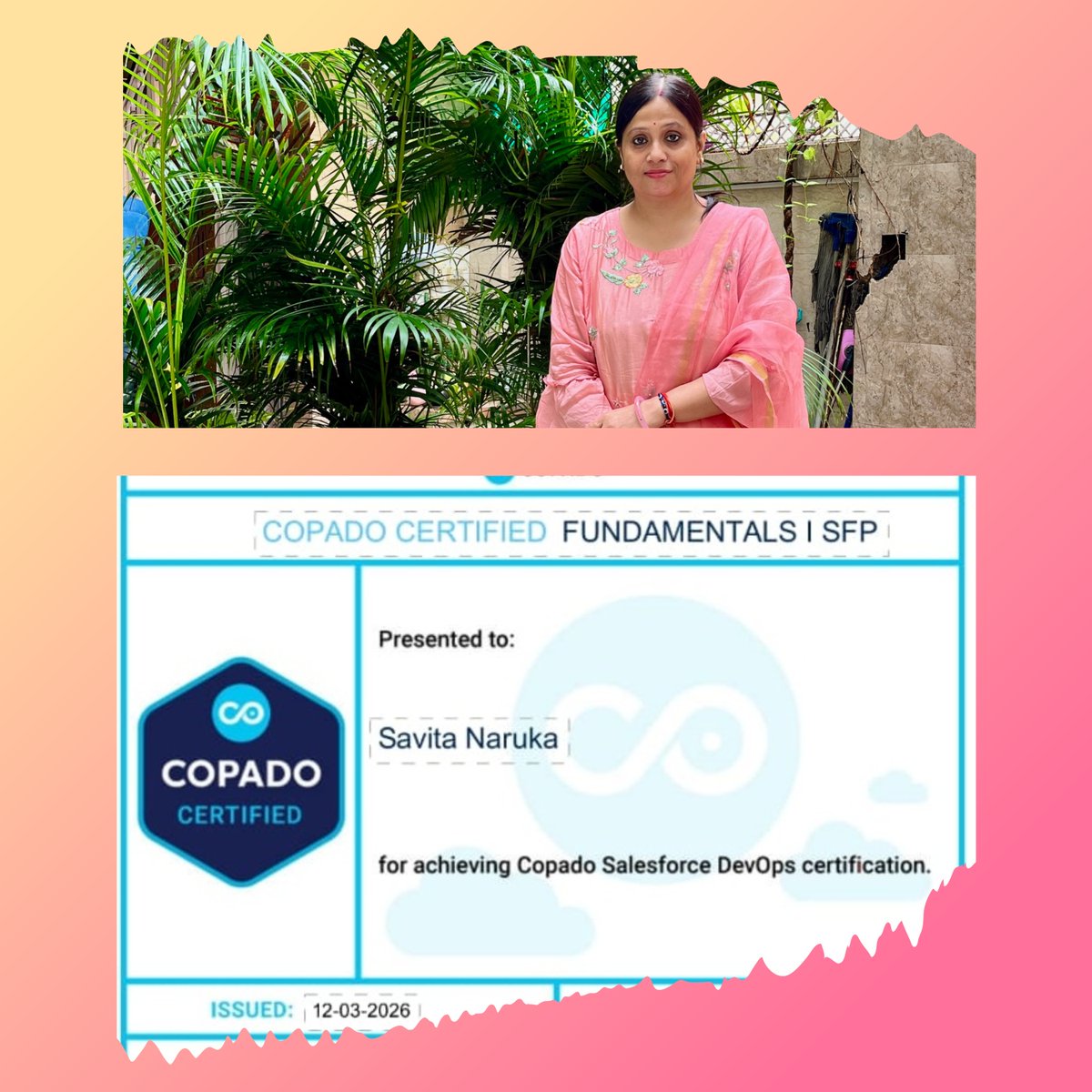 bodaciousithub's tweet photo. @CopadoSolutions 
We congratulate Savita Naruka on achieving Copado @salesforce  DevOps Certification. She is already a Copado certified administrator.
We wish her good luck and a very bright future ahead.

#Copado #Salesforce  #BodaciousITHub #DevOps #AlienBrainzSoftware https://t.co/Pxa5DPCvwL