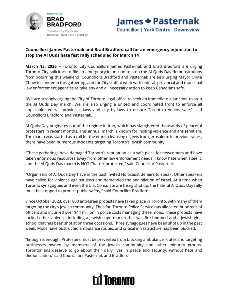 Toronto synagogues and even the U.S. Consulate are being shot up. Public safety must be protected. 

<a href="/PasternakTO/">James Pasternak</a> and I are calling for an injunction to stop the hateful Al Quds Day rally.