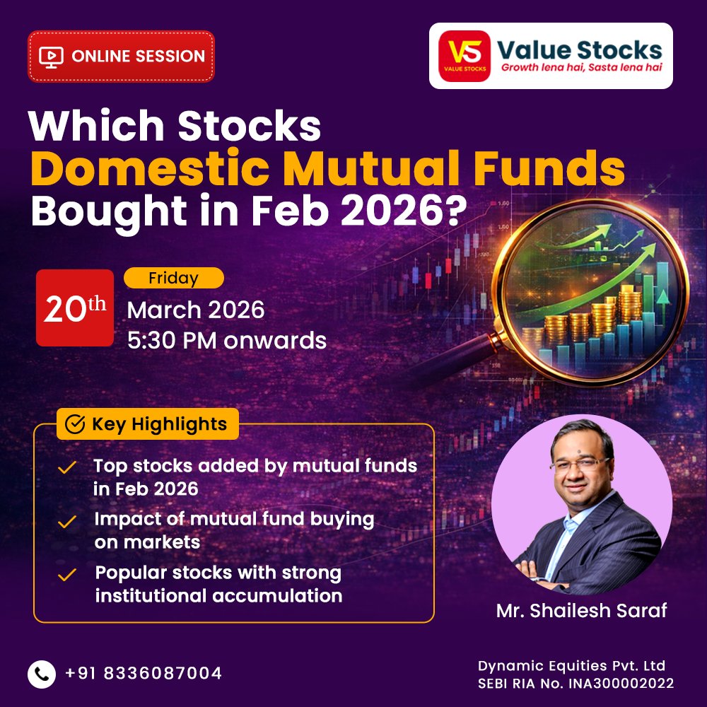 valuestocksapp's tweet photo. Which Stocks Domestic Mutual Funds Bought in Feb 2026?

Date: Friday, 20th March 2026
Time: 5:30 PM onwards

Registration Link:
https://t.co/WiKfgSz5G3

For more information:
+91 8336087004

Dynamic Equities Pvt. Ltd.
SEBI Registered Investment Advisor – INA300002022 https://t.co/g1Gbda8E0u
