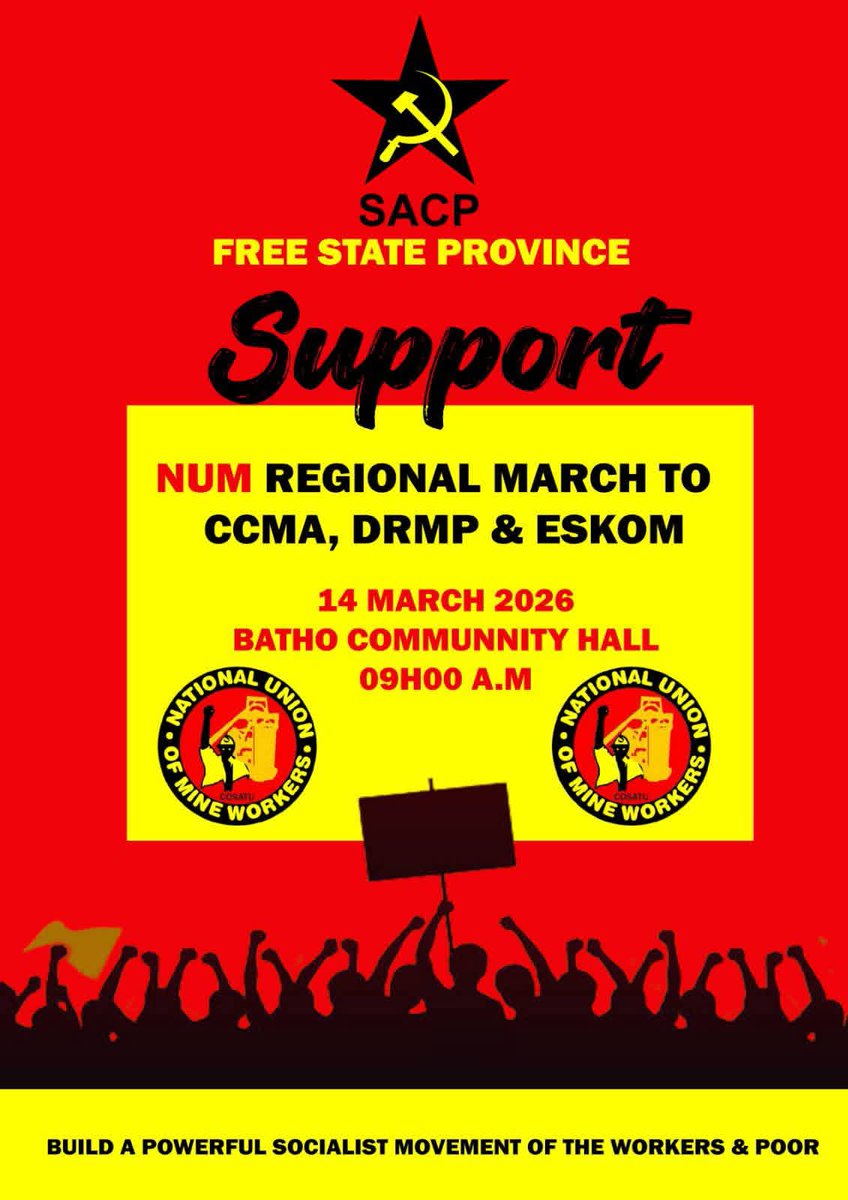 _cosatu's tweet image. #SACP Free State supports the National Union of Mineworkers and worker's march against the privatisation and the unbundling of @Eskom_SA #Eskom @MorningLiveSABC @ewnupdates
@Radio702 @POWER987News @busrep @BDliveSA @eNCA @ukhozi_fm
@LesediFM @qwaqwafm @SABCNews @Newzroom405 @IOL