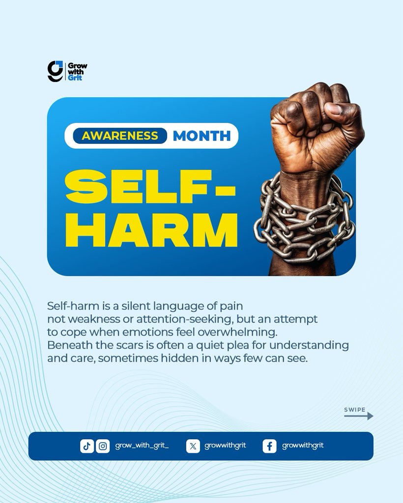 growwithgrit's tweet photo. Self-harm often hides in plain sight — behind clothing, silence, and quiet withdrawal.

Awareness helps us notice what is often overlooked.

#MentalHealthAwareness #SelfHarmAwareness https://t.co/88tfVj7juZ