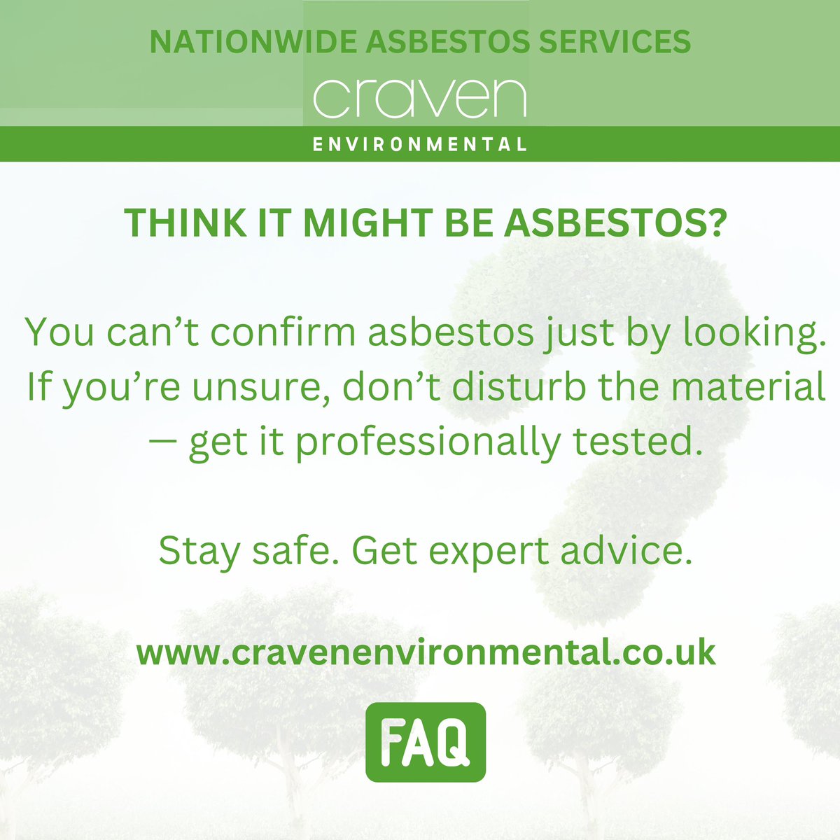Think it might be asbestos? 🤔

You can’t confirm asbestos just by looking. If you’re unsure, don’t disturb the material — get it professionally tested.

Stay safe. Get expert advice.

cravenenvironmental.co.uk

#AsbestosAwareness #AsbestosTesting #PropertySafety #BuildingSafety