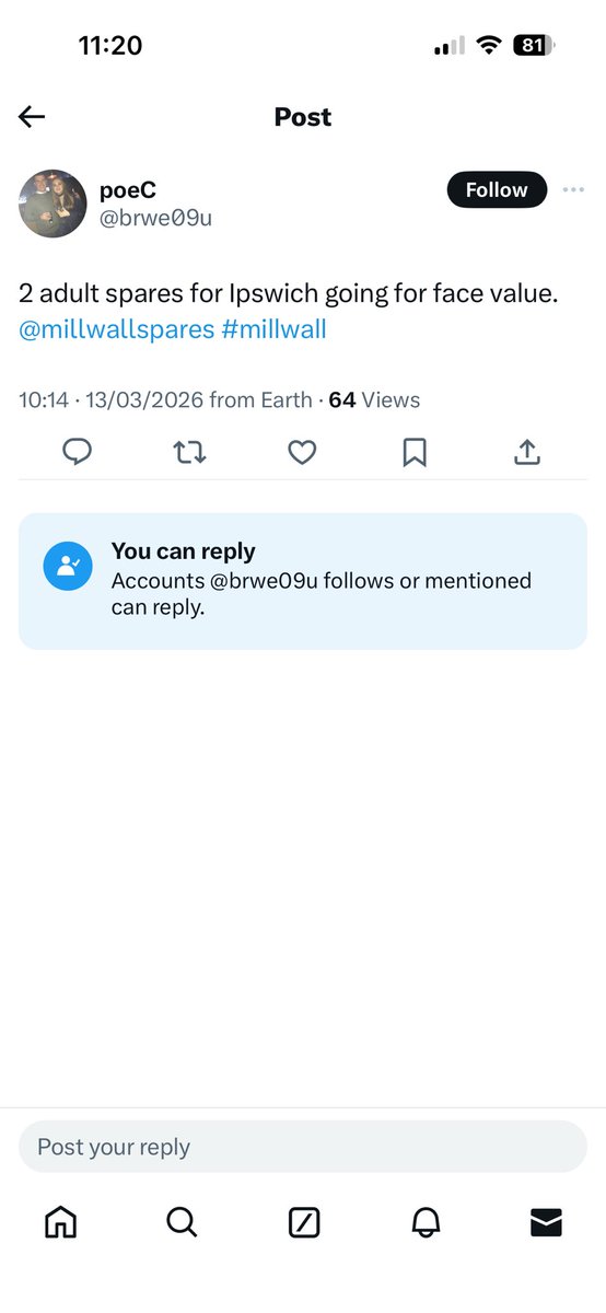 amycloonan's tweet photo. SCAMMER!! Millwall fans please don’t buy from this account. Bloke has scammed me out of tickets for Ipswich. The tweet he posted at 10:30 was half hour after I sent him money for tickets. He has posted in @millwallspares a few times!! Please share #millwall #mfc #ipswich https://t.co/B1ZXjY4Mqj
