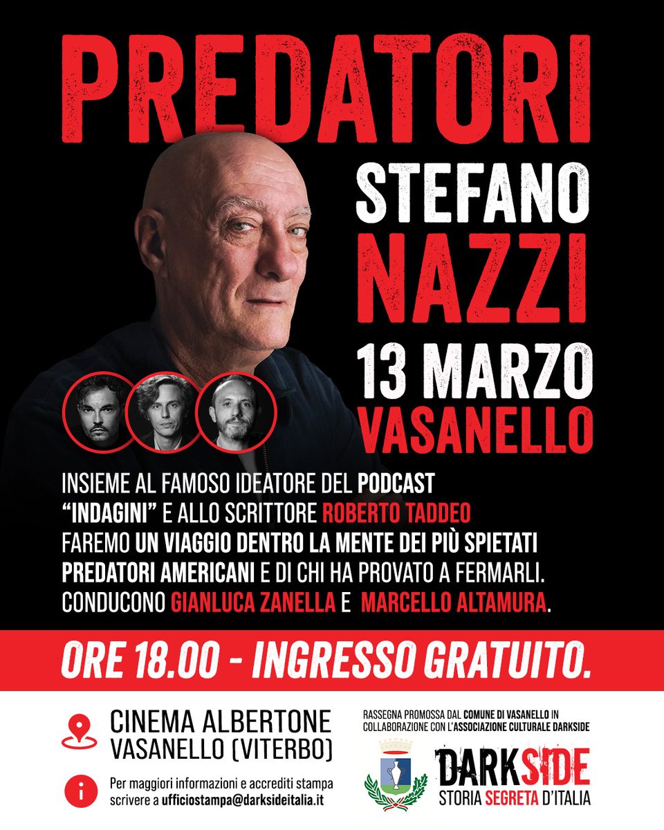 GianlucaZanell2's tweet image. Giusto per promemoria: @DarkSideItalia oggi vi aspetta a Vasanello per parlare di #serialkiller con Stefano Nazzi e Roberto Taddeo. Ingresso GRATUITO