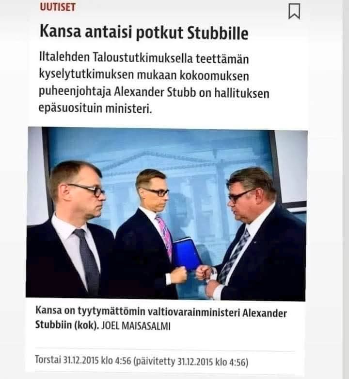 reima_kokkonen's tweet photo. Vuonna 2015 Suomen kansa oli valmis antamaan potkut tälle keppa heikille ja nyt hän onkin maailman paras presidentti ja ajaa Suomen asiaa kuin käärmettä pyssyyn...😆 
Ehkä Suomen kansa on ansainnut NATOn, EUn, ydinaseet, jenkit, DCA, he tykkää olla kurimuksessa ja hyvin hiljaa 🤮 https://t.co/YpeG0WBOFc