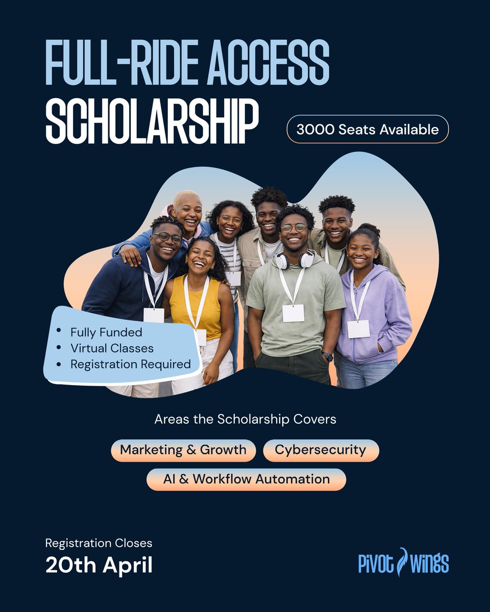 PivotWings's tweet photo. Registration for the PivotWings Scholarship is officially open!

Yes, you read that well.
Zero tuition. 100% access.

It is time to soar.
To register, click the link below.
https://t.co/gW86SNZrsB

#PivotWings 
#professionaldevelopment 
#CareerPivot 
#careerclarity https://t.co/5ddZi0QLsS