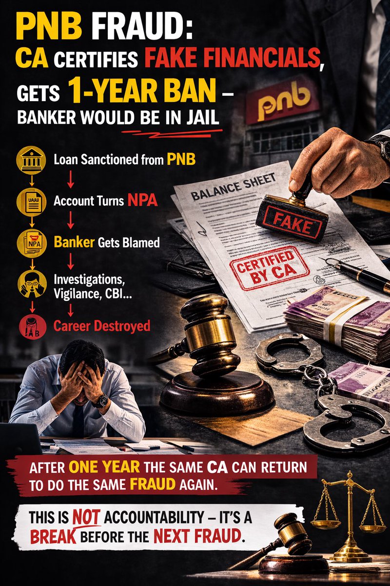 🔥 PNB Fraud: CA Certifies Fake Financials, Gets 1-Year Ban but Banker Would Be in Jail

A CA certifies fake financial statements…
A loan gets sanctioned from <a href="/pnbindia/">Punjab National Bank</a> 
The account turns NPA but who gets blamed?

👉 The Banker.

Vigilance inquiries.
Investigations.
CBI