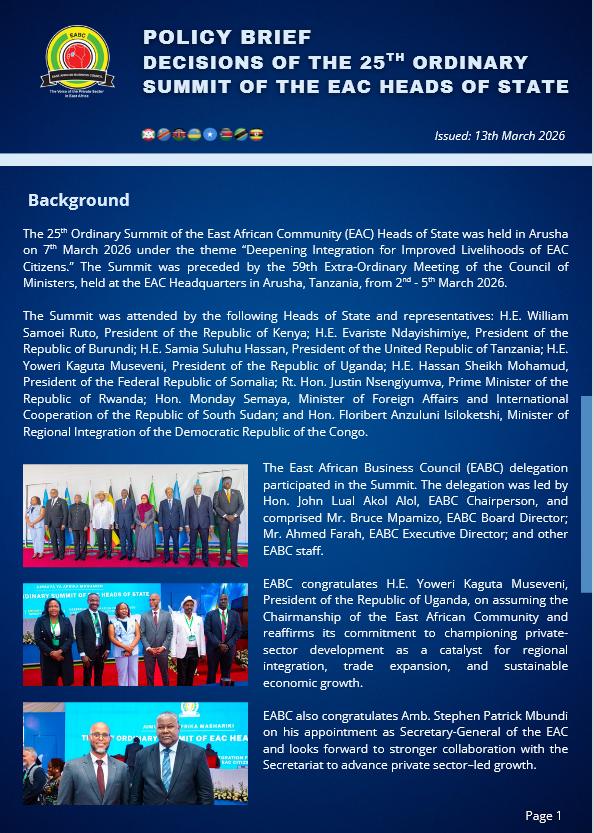 EABCjumuiya's tweet photo. 💫#EABC delegation joined the 25th Ordinary Summit of the #EAC Heads of State in Arusha.

📥 Download EABC Policy Brief📄highlighting key decisions and implications for businesses across the region.
 https://t.co/c1T60GMVmx

#EAC #Trade #RegionalIntegration #EastAfrica https://t.co/HoxtZcNA2D