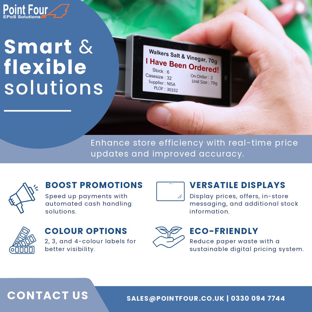 PointFourEpos's tweet photo. 🚨 Feature Friday - Electronic Shelf Edge Labels 🚨

Are you still manually updating paper price tags?

⚡Instant Updates | ❌Reduce Errors | ⏳Save Staff Time | 📢Boost Promotions | 🔄Dynamic Pricing | 📦Stock Management 

🌐 https://t.co/I0RFD6rEtg | 📧 sales@pointfour.co.uk https://t.co/Mk9vOTXxBX