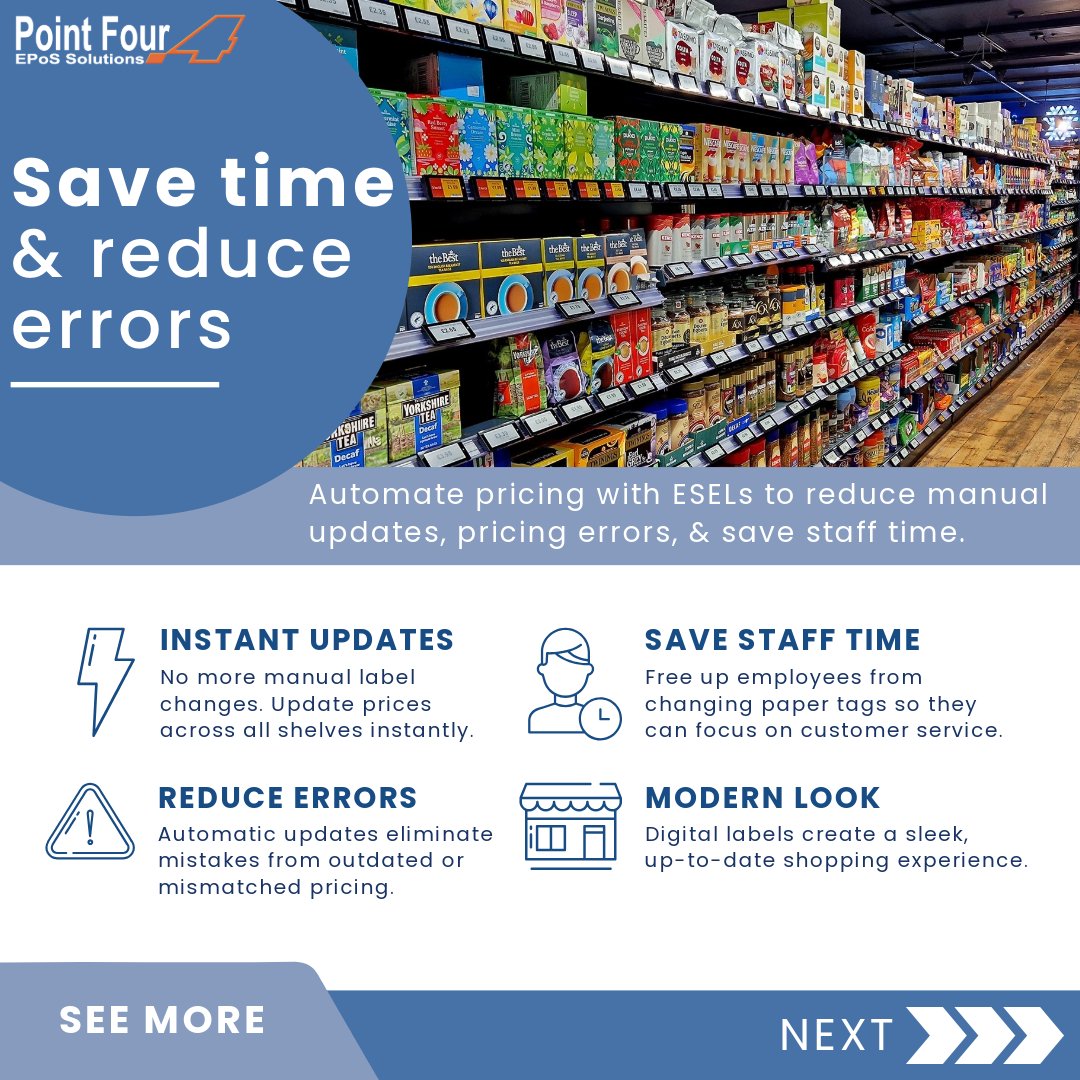 PointFourEpos's tweet photo. 🚨 Feature Friday - Electronic Shelf Edge Labels 🚨

Are you still manually updating paper price tags?

⚡Instant Updates | ❌Reduce Errors | ⏳Save Staff Time | 📢Boost Promotions | 🔄Dynamic Pricing | 📦Stock Management 

🌐 https://t.co/I0RFD6rEtg | 📧 sales@pointfour.co.uk https://t.co/Mk9vOTXxBX