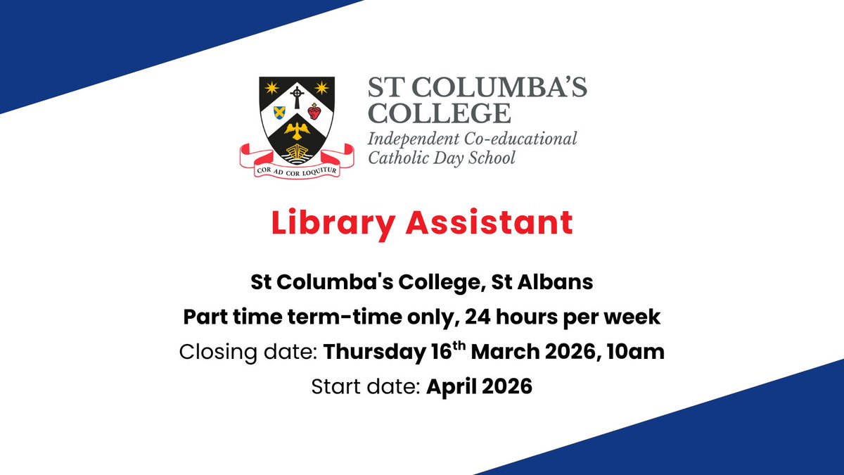 uksla's tweet photo. Have you got your applications in? Recruitment for this Library Assistant @StColumbasCBS  ends 10am on Monday! 🎓 #recruiting #newjob #schoollibrarians #schoollibraries #libraryassistant https://t.co/bAfcAjNdJ1