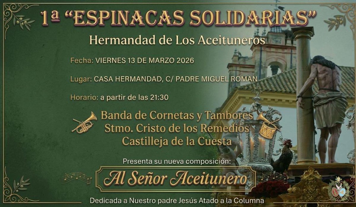 aceituneros_utr's tweet photo. 🔴 RECUERDA HOY | 
🥁 🎺 Concierto de Marchas Procesionales.
Banda https://t.co/Ey7oSadYhR. Stmo. Cristo de los Remedios.
@bdelosremedios 
📅 Viernes 13 marzo
🕰️ 21:30 
🏠 Casa Hermandad de Los Aceituneros. Padre Miguel Román, 3.

#aceitunerosdeutrera https://t.co/IjfvD1wWPi